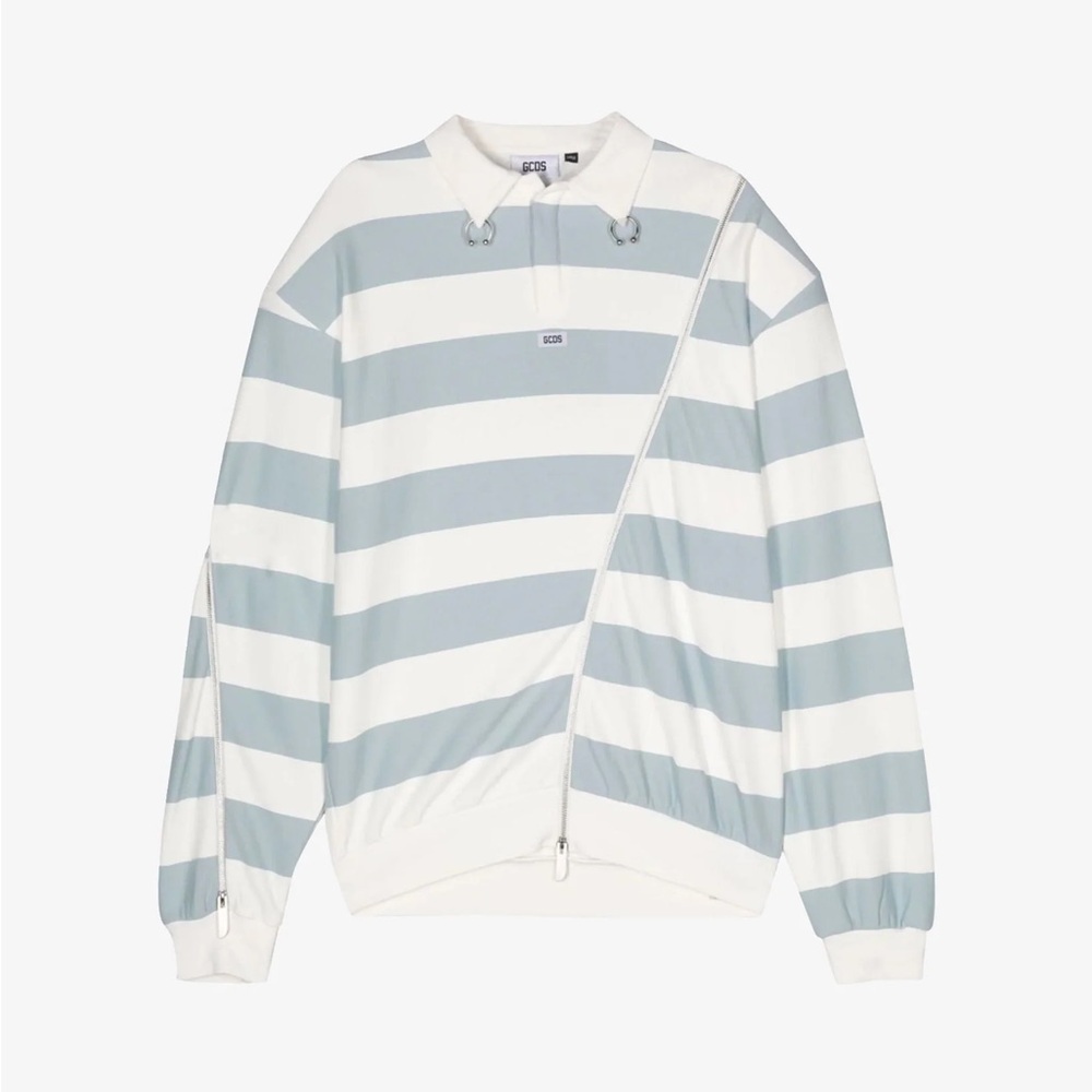 GCDS Asymmetrcial Striped Blue and White Men's Polo - NWT - Medium